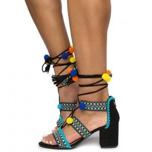 Colorful Pom-Pom Lace-Up Block Heel Sandals - Turquoise/Black